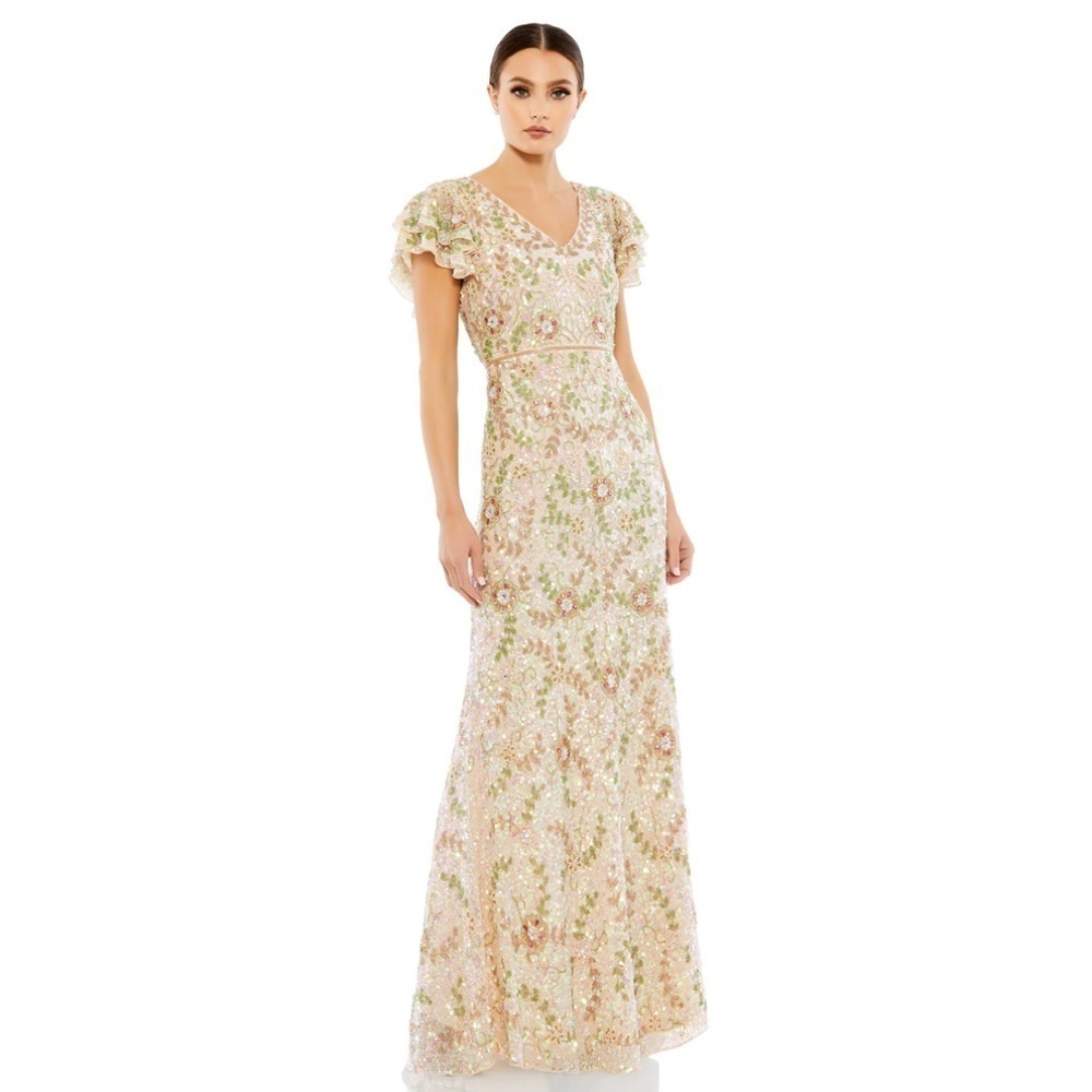 Mac Duggal | 10772 Embellished Ruffled Cap Sleeve V Neck Gown Size 20 New